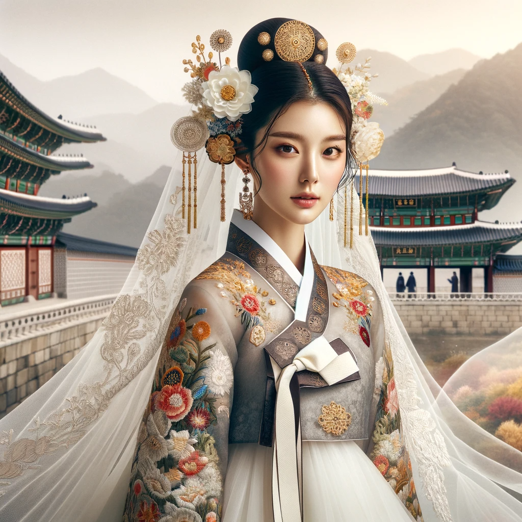 전통과 현대가 조화를 이루는 한국식 웨딩 의상, 한복에서 영감을 받은 아름답게 디자인된 웨딩드레스