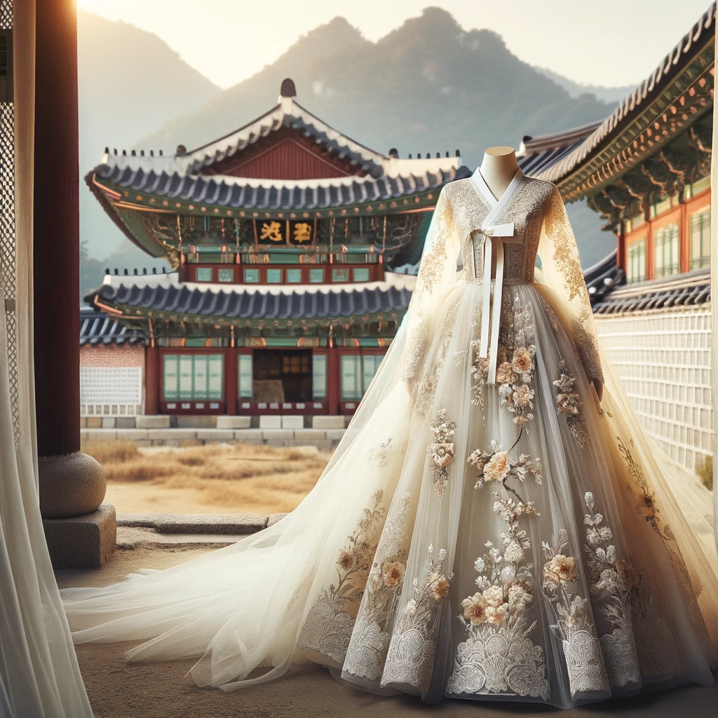 DALL·E 2024-01-07 04.09.52 - A beautiful and elegant Korean wedding dress, blending traditional hanbok elements with modern.png